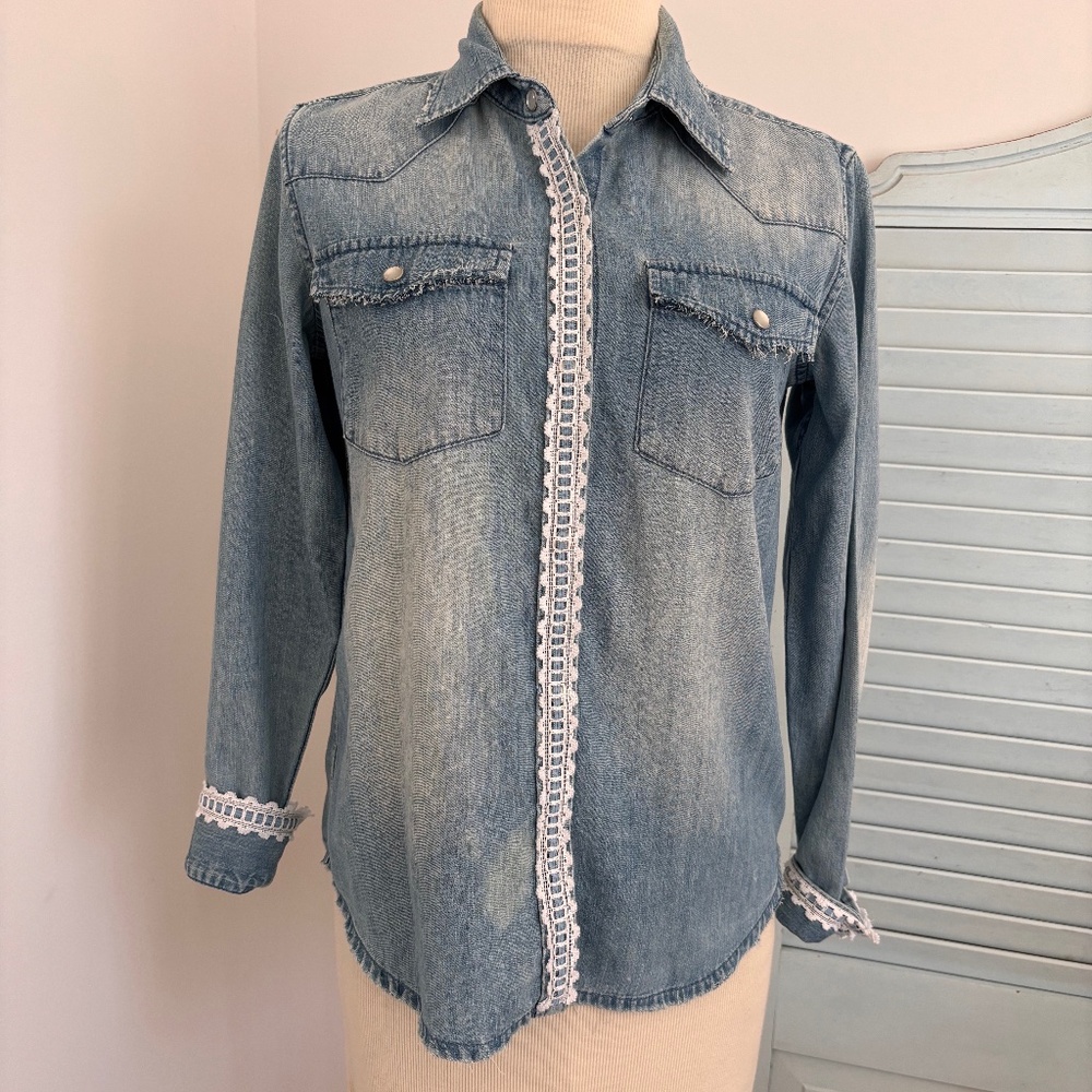 Remade Upcycled Thrift flip chambray shirt with lace front